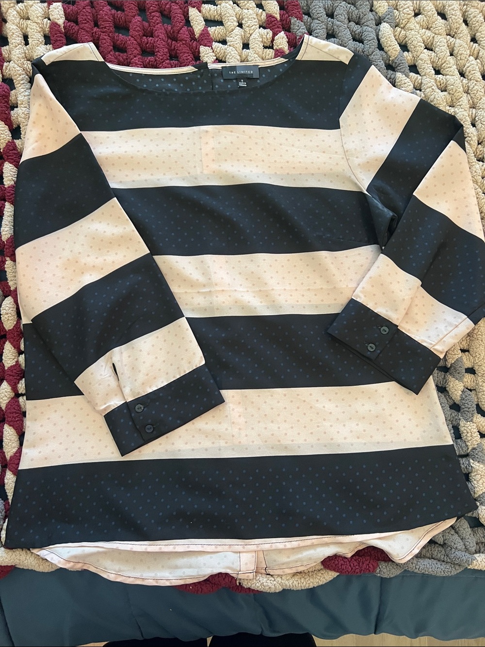 The Limited Navy and Blush Pink Wide-Stripe Dot Blouse
